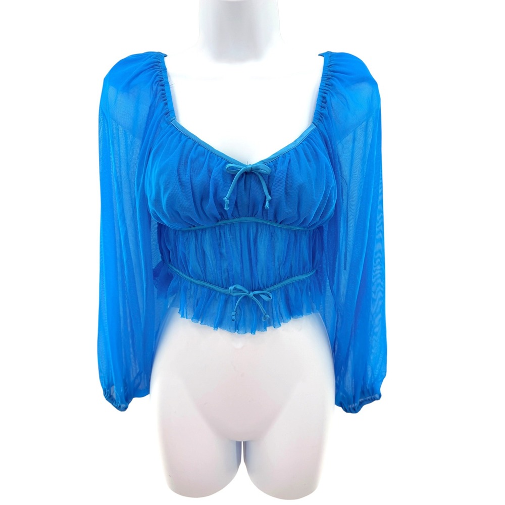 Sundays Womens Blue Mesh Milkmaid Crop Top Long Sheer Sleeve Ruffle Smocked
